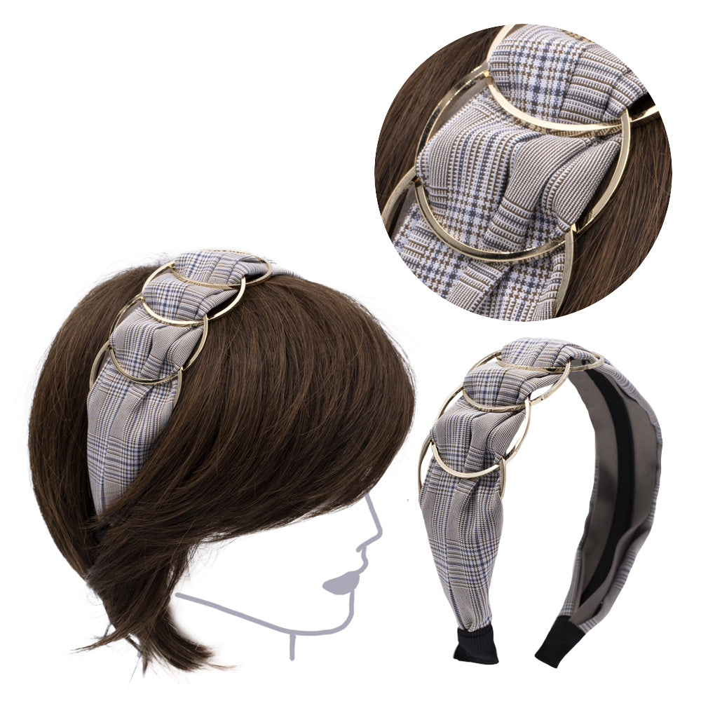 VIAHERMADA Cerchietto per Capelli Tessuto Beige Scacchi con Anelli in metallo or