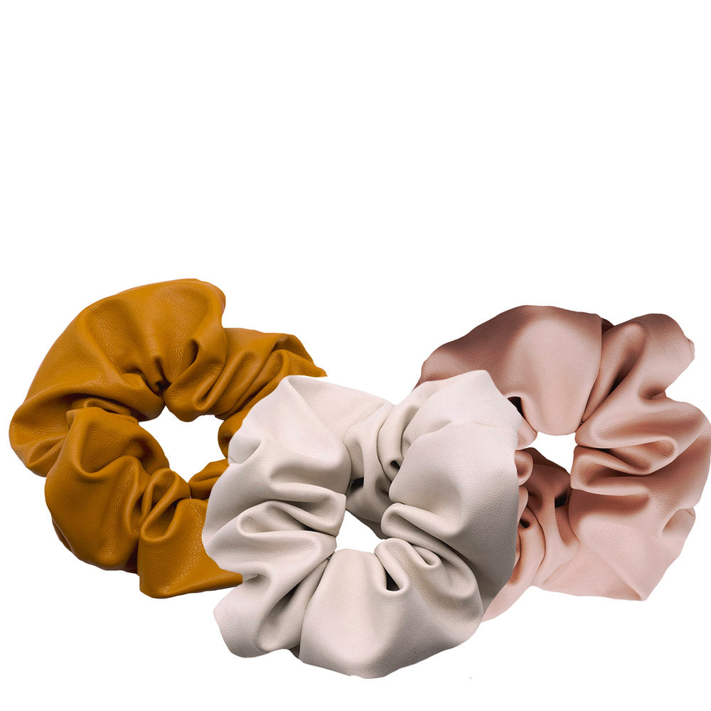 VIAHERMADA Set da 3  Scrunchy in Ecopelle Ocra + Rosa Antico + Panna