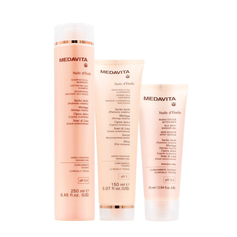 Medavita Huile d'etoile Shampoo di Oli 250ml Maschera 150ml Bagno doccia 75ml