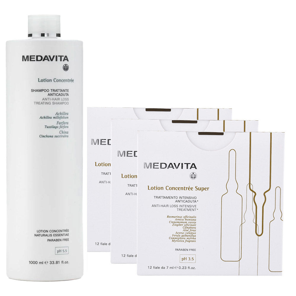 Medavita Cute Lotion Concentree Rituale Anticaduta Trattamento Completo Shampoo 1000ml e Fiale Super 12x7ml x3