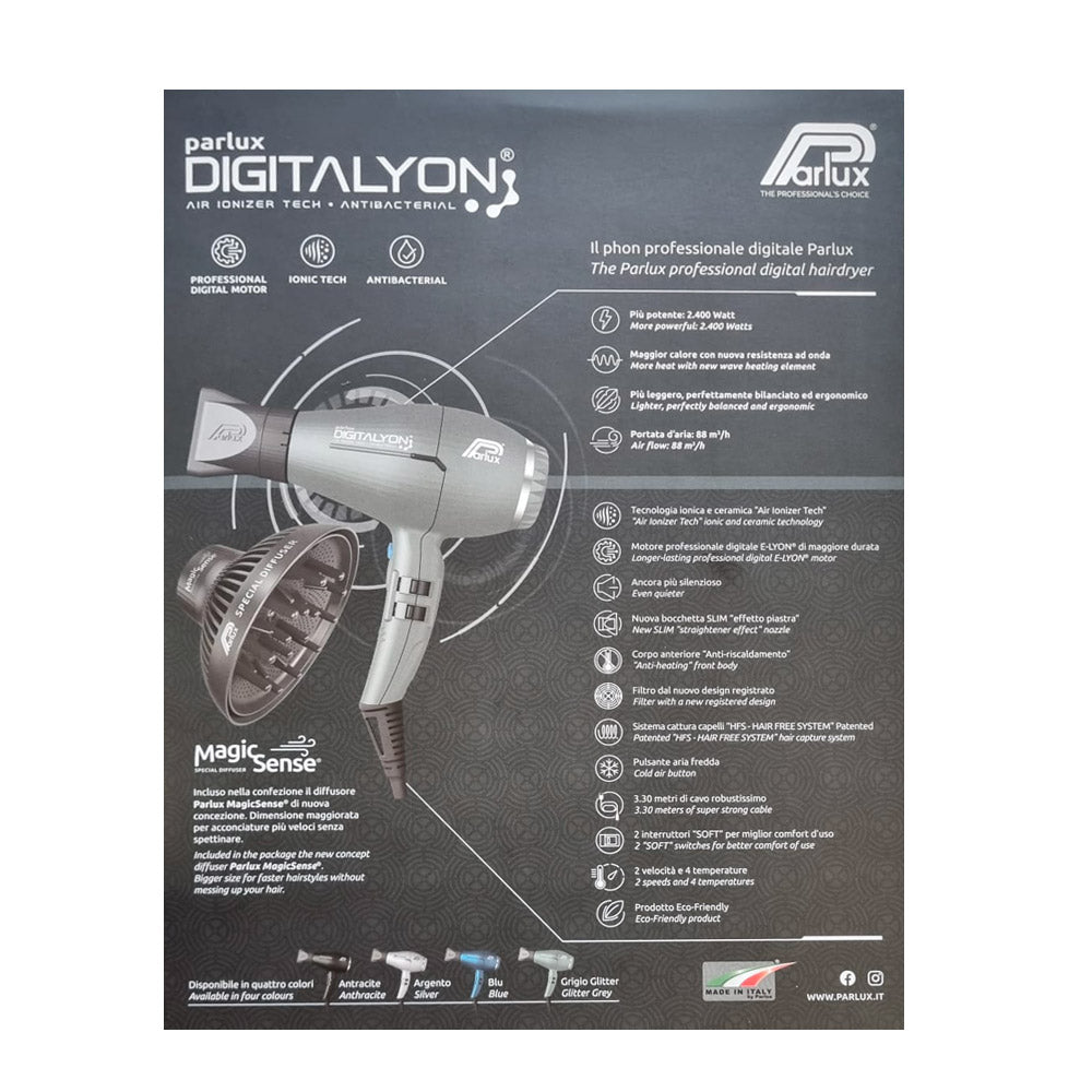 Parlux Digitalyon + Magic Sense - asciugacapelli grigio glitter  con diffusore