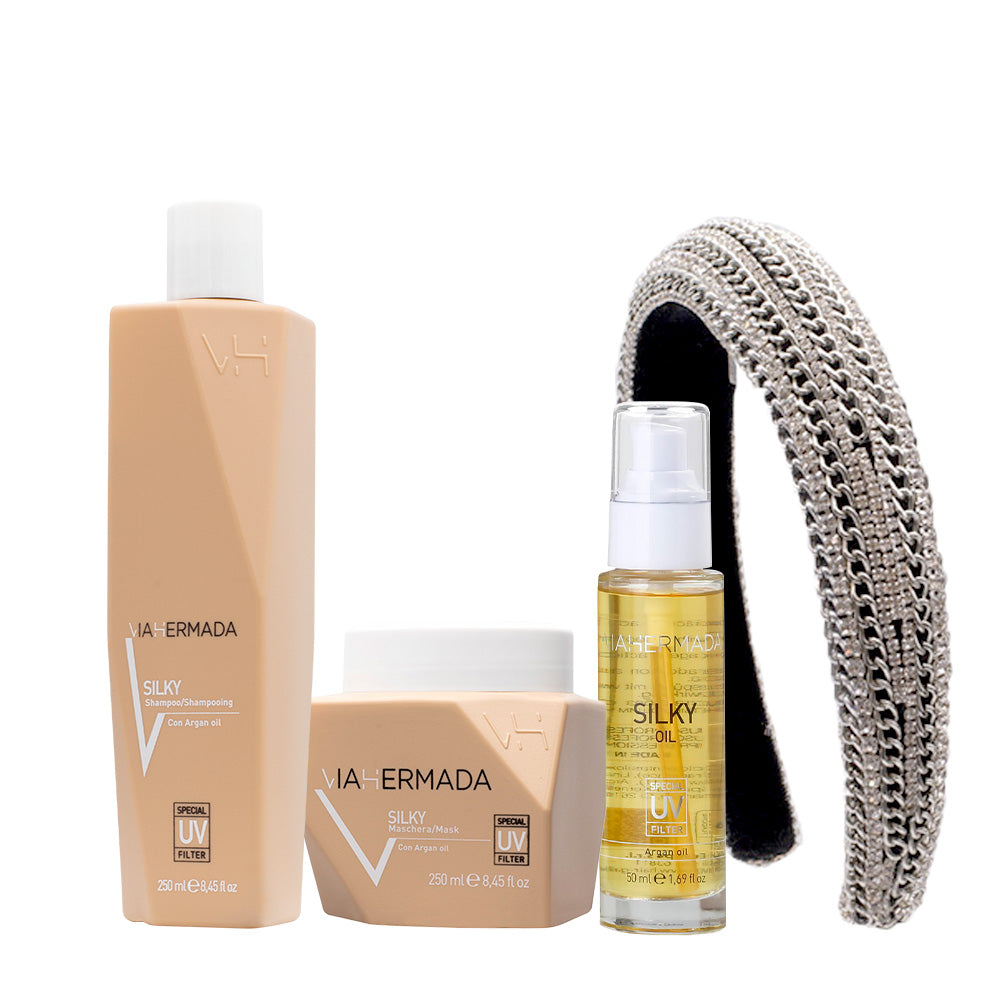 VIAHERMADA Silky Shampoo 250ml  Mask 250ml Silky Oil 50ml + Cerchietto omaggio