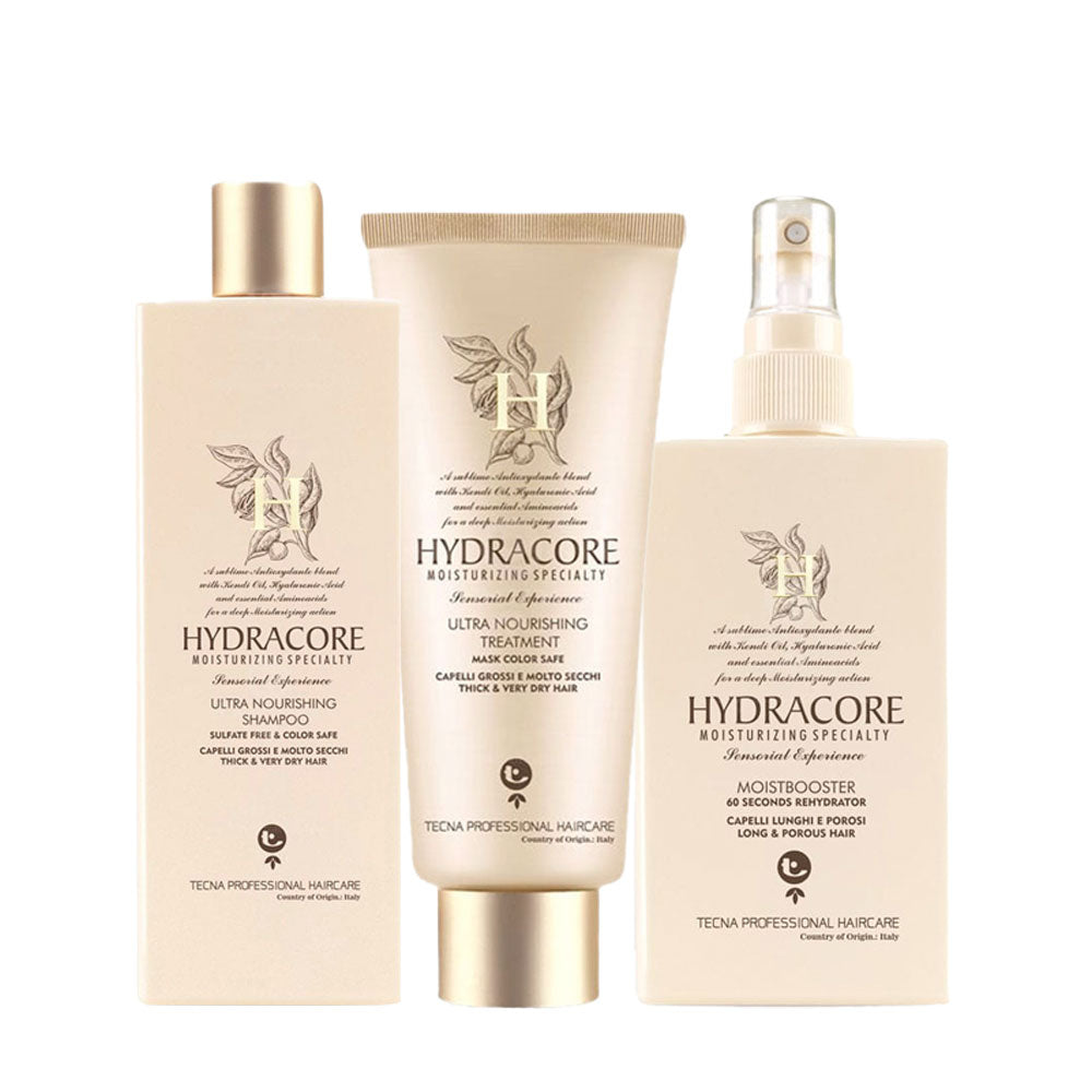 Tecna Hydracore Ultra Nourishing Shampoo 250ml Treatment 200ml Moistbooster 200ml Zaino a Sacca