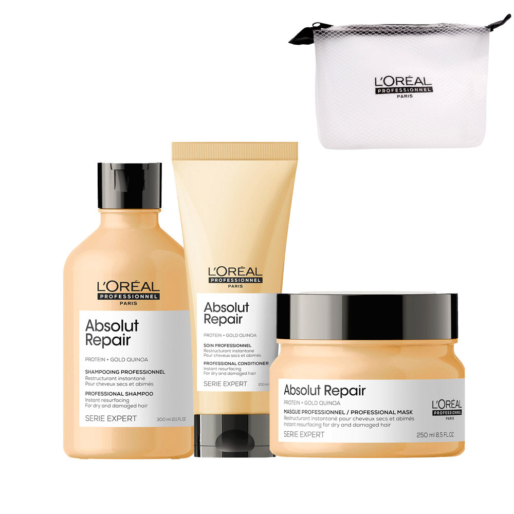 L'Oréal Professionnel Paris Serie Expert Absolut Repair Shampoo 300ml Conditioner 200ml Mask 250ml + Pouch OMAGGIO