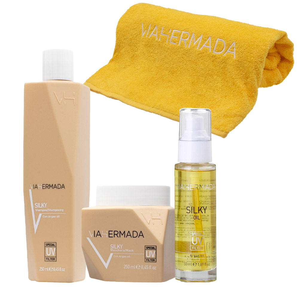 VIAHERMADA Silky Shampoo 250ml  Mask 250ml Silky Oil 50ml + Asciugamano da mare giallo OMAGGIO