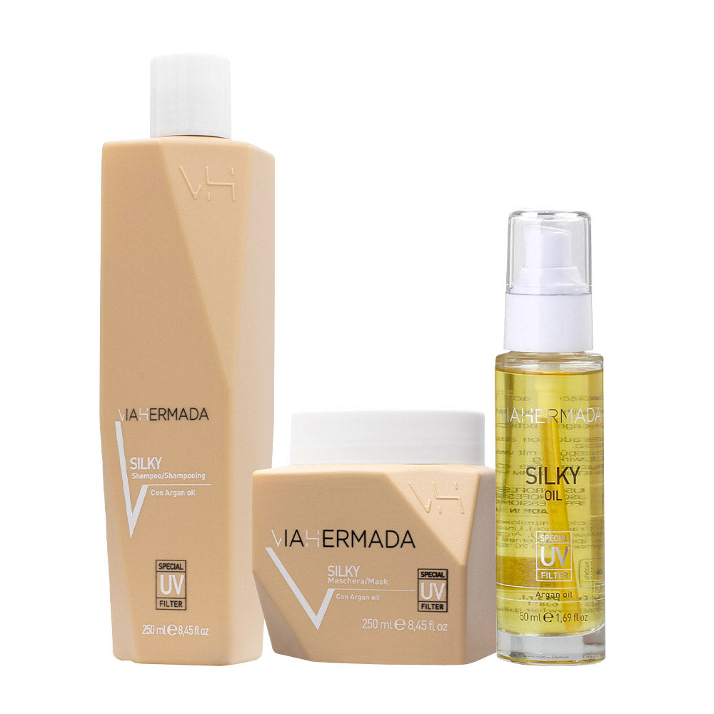 VIAHERMADA Silky Shampoo 250ml  Mask 250ml Silky Oil 50ml + Asciugamano da mare giallo OMAGGIO
