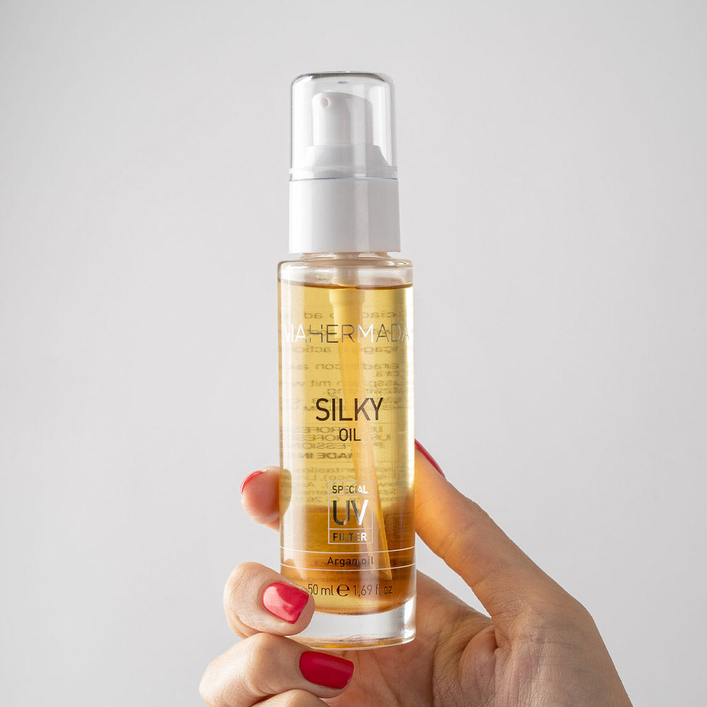 VIAHERMADA Silky Shampoo 250ml  Mask 250ml Silky Oil 50ml + Asciugamano da mare giallo OMAGGIO