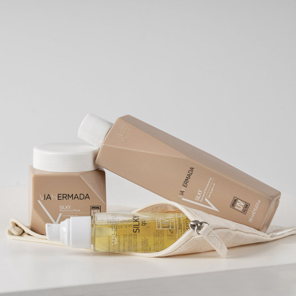 VIAHERMADA Silky Shampoo 250ml  Mask 250ml Silky Oil 50ml + Asciugamano da mare giallo OMAGGIO