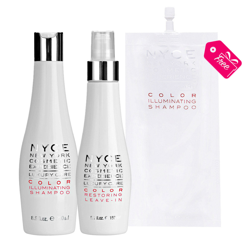 Nyce Luxury Care Color Illuminating Shampoo 250ml  Restoring Leave In 150ml  +  Illuminating Shampoo 20ml OMAGGIO