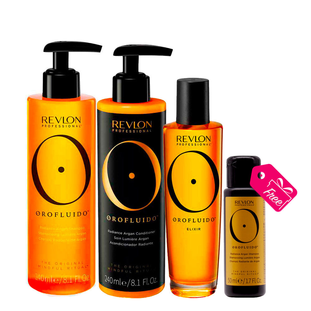 Revlon Orofluido Radiance Argan Shampoo 240ml Conditioner 240ml Oil 100ml + Argan Shampoo 50ml OMAGGIO