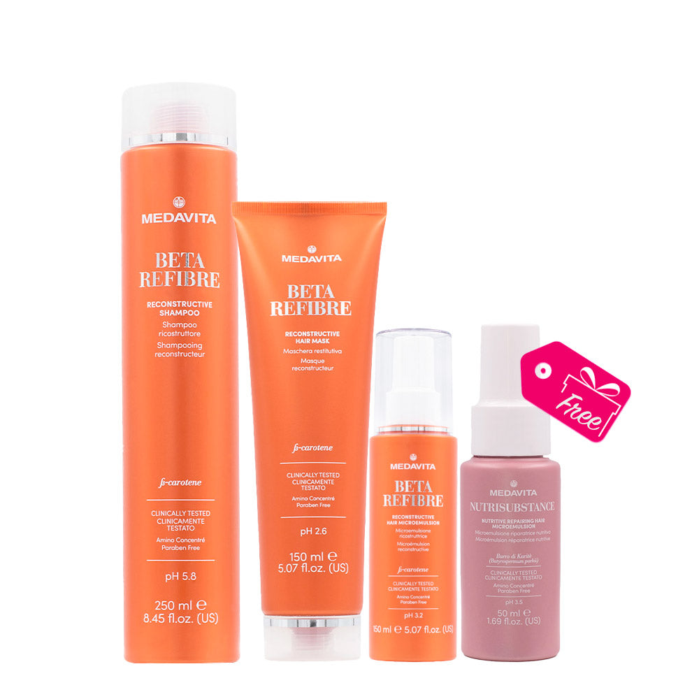 Medavita  Beta Refibre Reconstructive Shampoo 250ml Maschera 150ml Siero 150ml + Repairing  Microemulsion 50ml OMAGGIO
