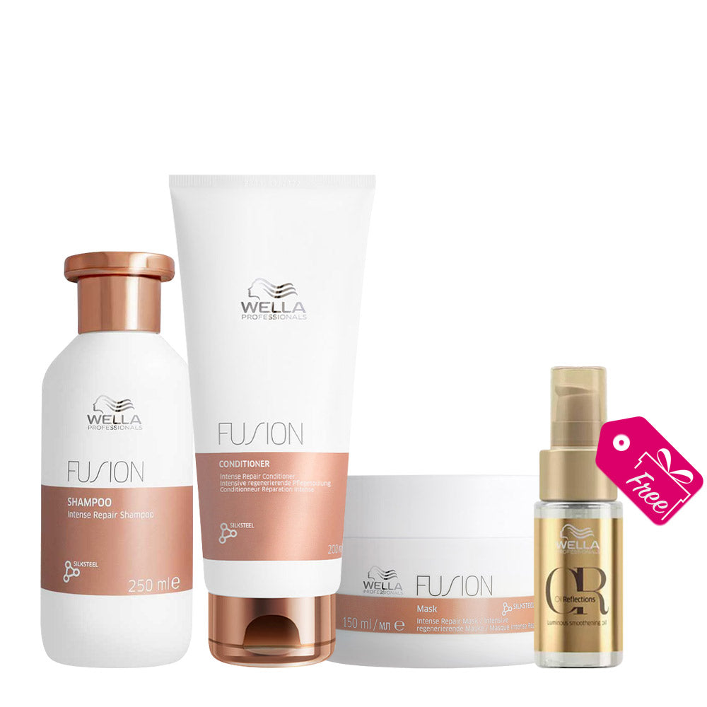 Wella Fusion Intense Repair Shampoo 250ml Conditioner 200ml Mask 150ml +  Oil Reflections Luminous Oil 30ml OMAGGIO
