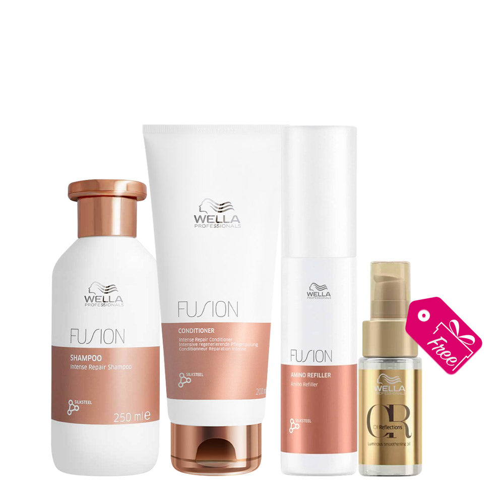 Wella Fusion Intense Repair Shampoo 250ml Mask 150ml Amino Refiller 70ml +  Oil Reflections Luminous  Oil 30ml OMAGGIO