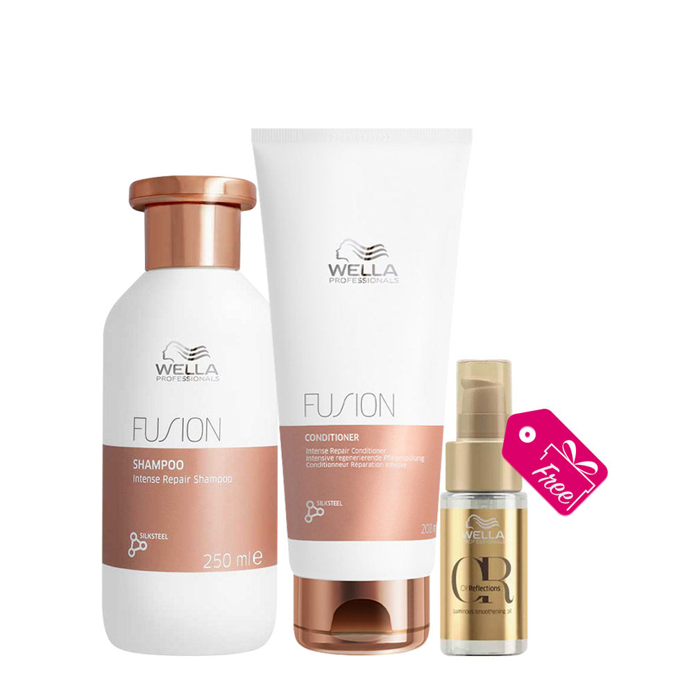 Wella Fusion Intense Repair Shampoo 250ml Conditioner 200ml + Oil Reflections Luminous Smoothing Oil 30ml OMAGGIO