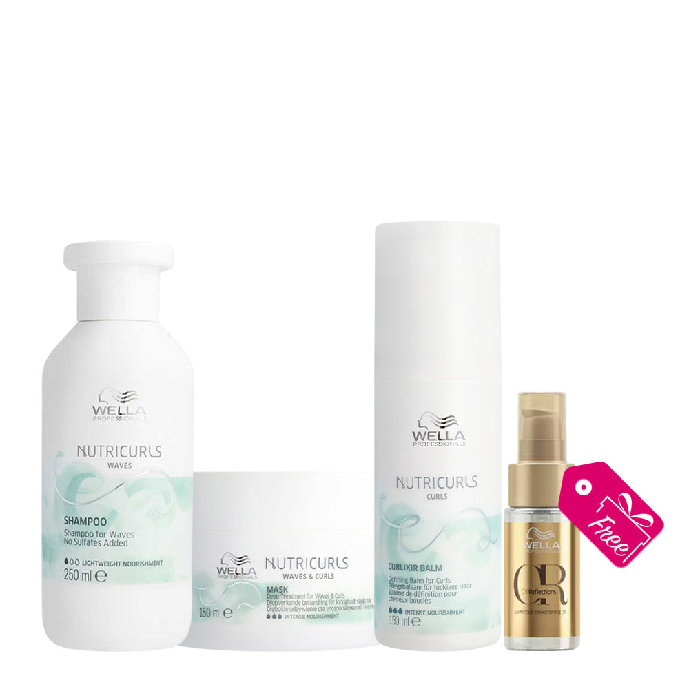 Wella Nutricurls Micellar Shampoo 250ml Waves & Curls Mask 150ml Curlixir Balm 150ml +  Luminous Oil 30ml OMAGGIO