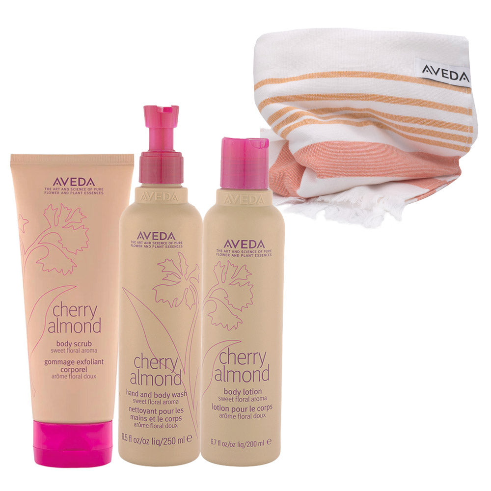 Aveda Cherry Almond Body Scrub 200ml  Hand & Body Wash 250ml Body Lotion 200ml + Telo Omaggio